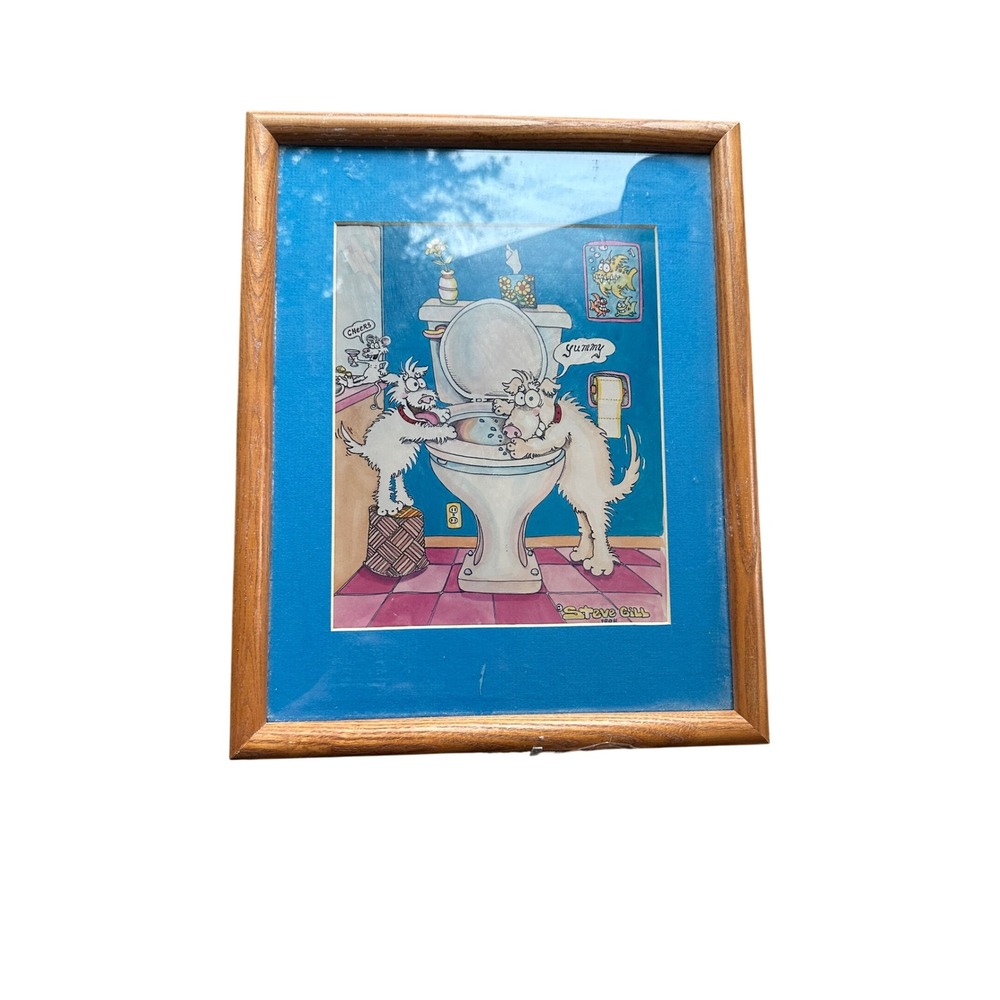 Steve Gill Vintage Signed Cartoon Art Dogs Toilet Humor Framed Print 1984 2001